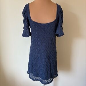 Free People Blue Lace Short Puff Sleeve Scoop Neck Mini Dress EUC Size Medium